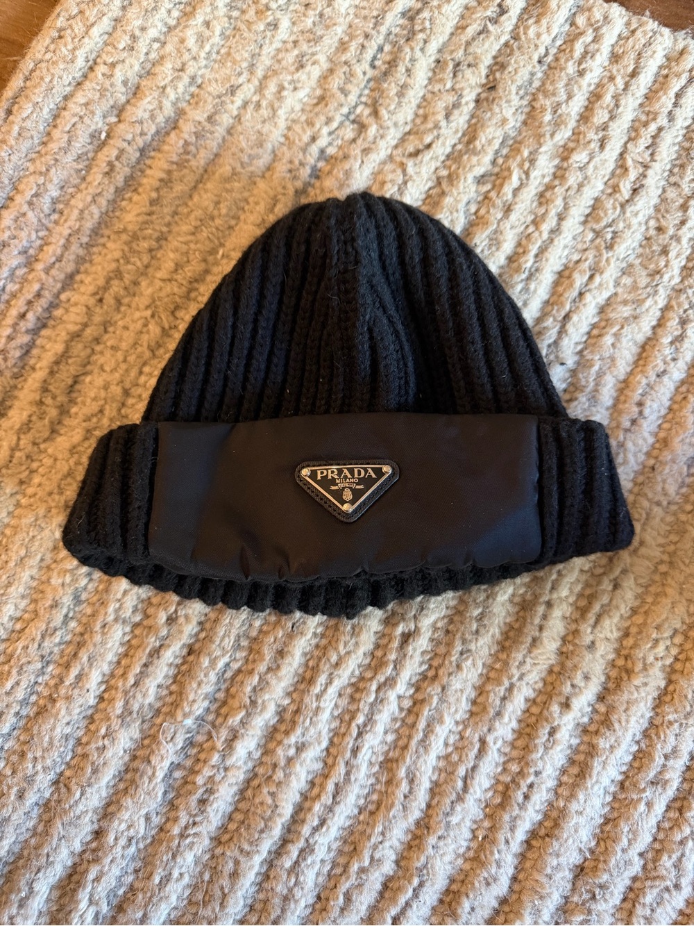 Prada Black Ribbed Knit Cuff Beanie with Triangular Logo
